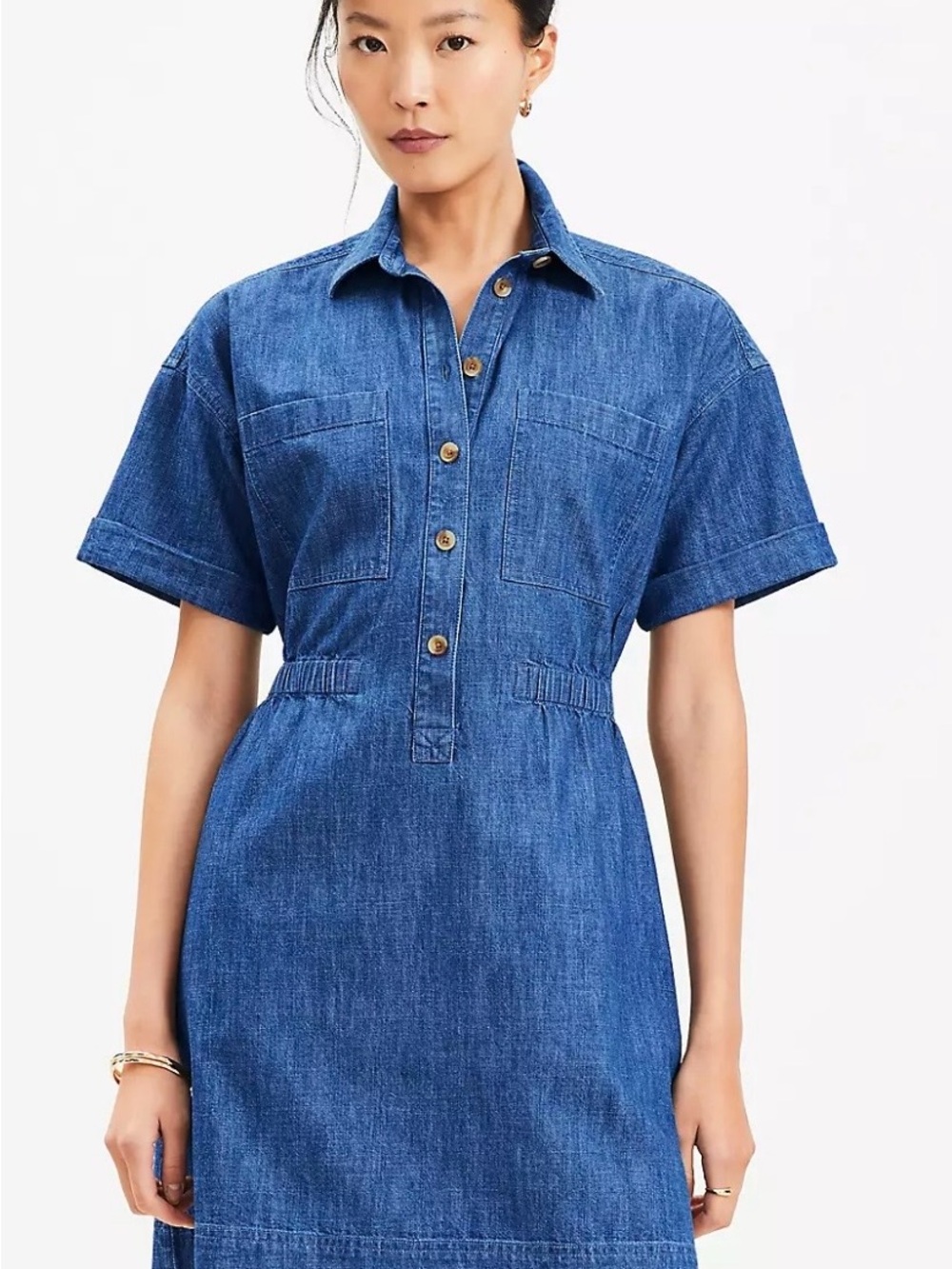 LOFT Short-Sleeve Denim Shirt Dress in Blue